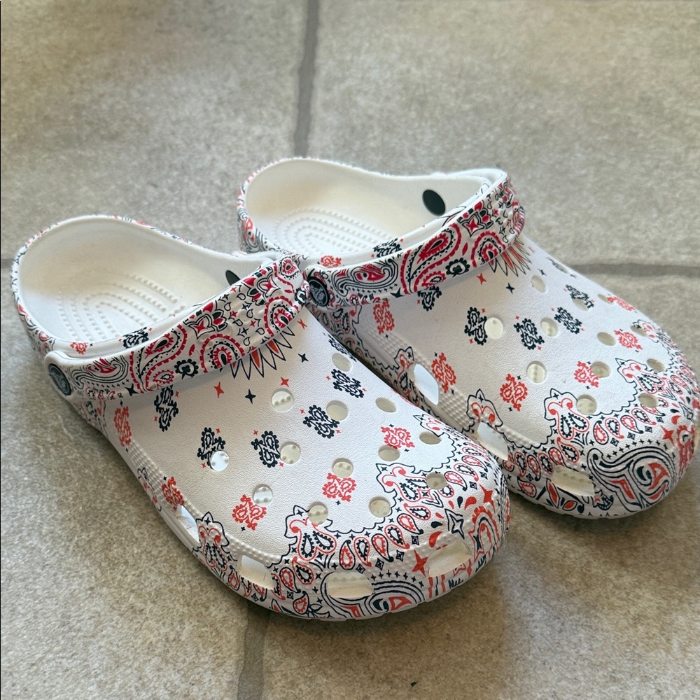 Women's Paisley Crocs - Red, White & Blue